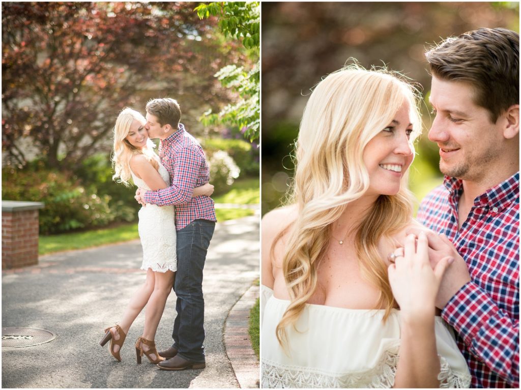 bride to be changes into new outfit for spring Boston engagement photos