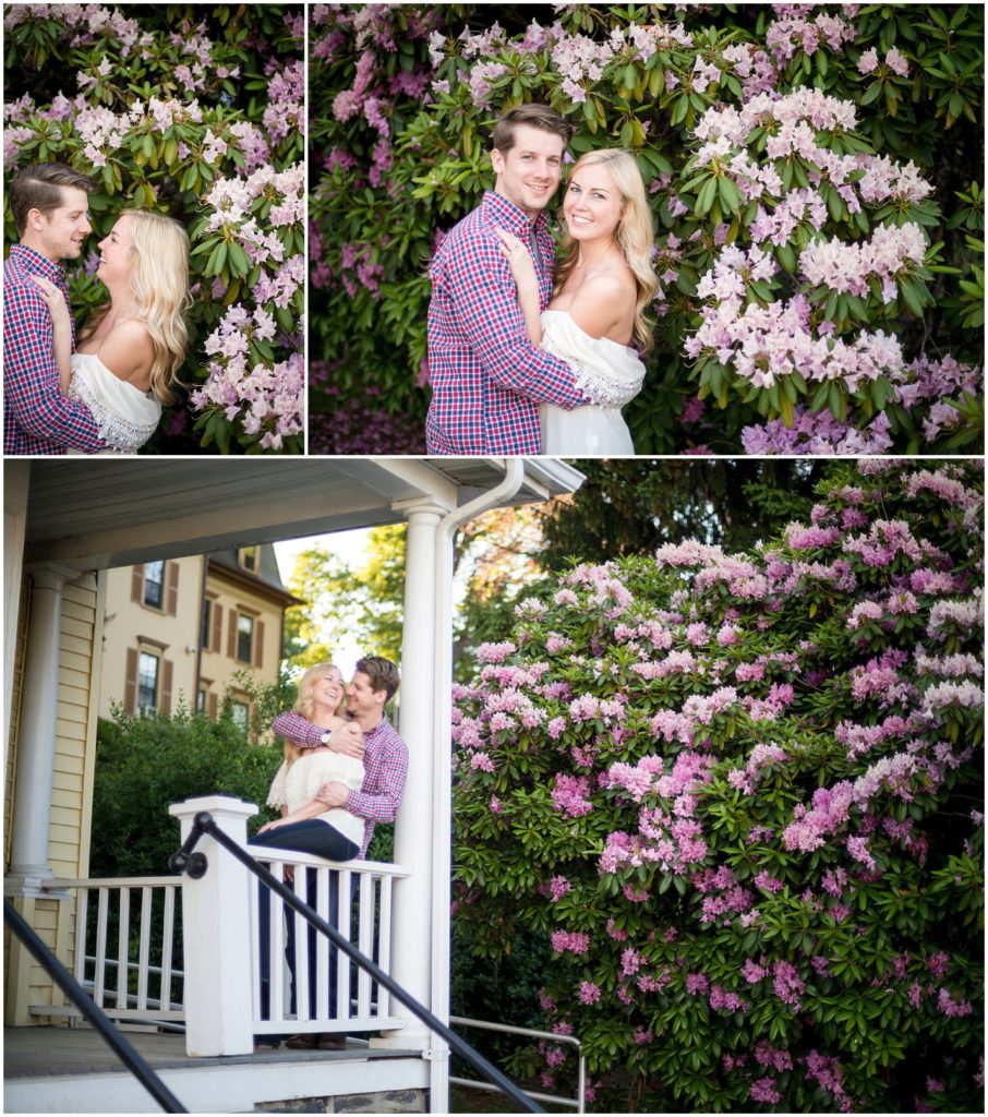 engagement session in front of purple flowers