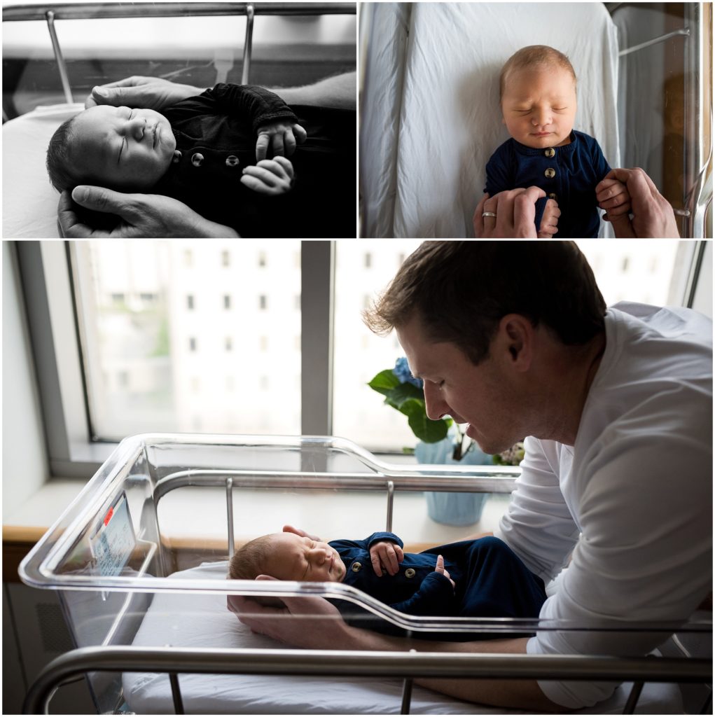 dad cradling newborn son at hospital