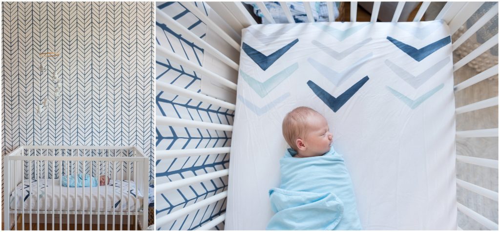 Newborn in crib in nursery in Boston downtown loft