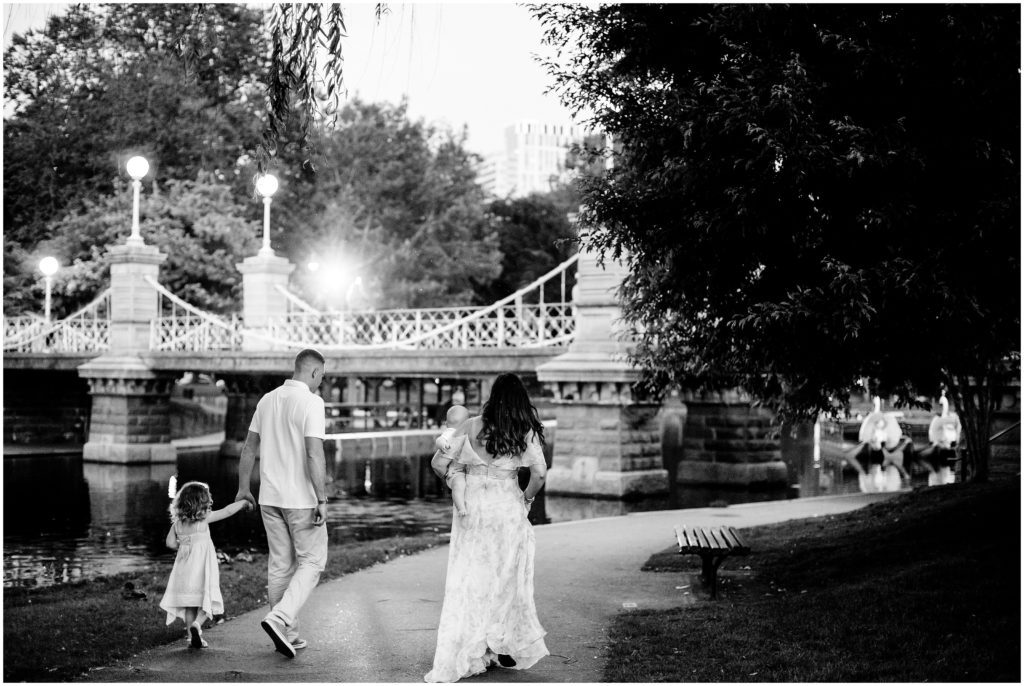 Black and white image of family at Boston Public Garden