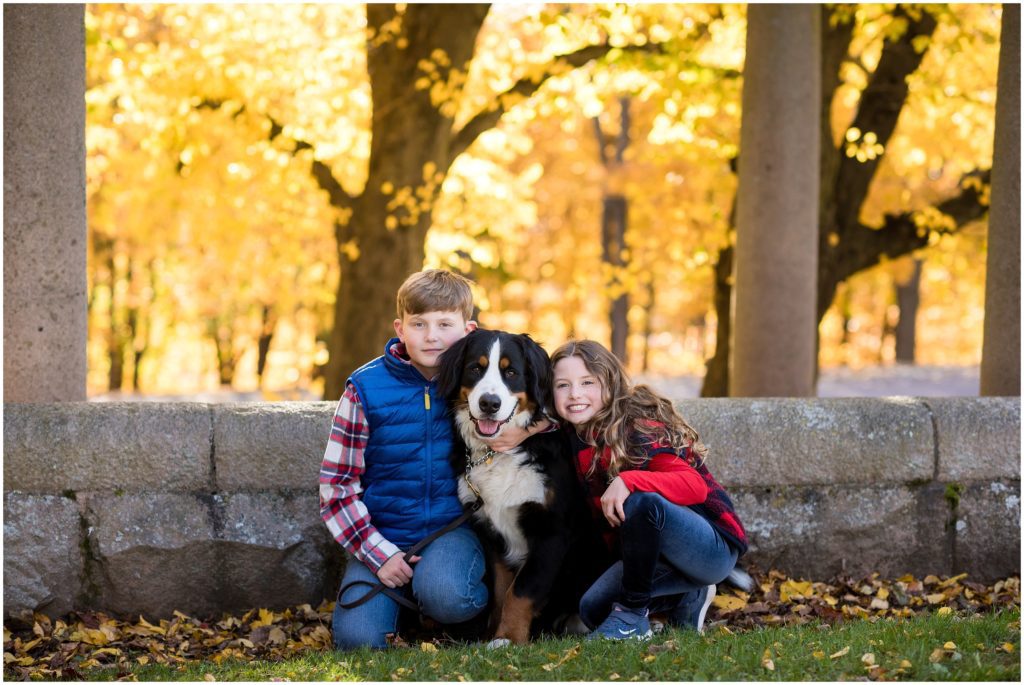 Children and family pet at Larz Anderson Brookline Park