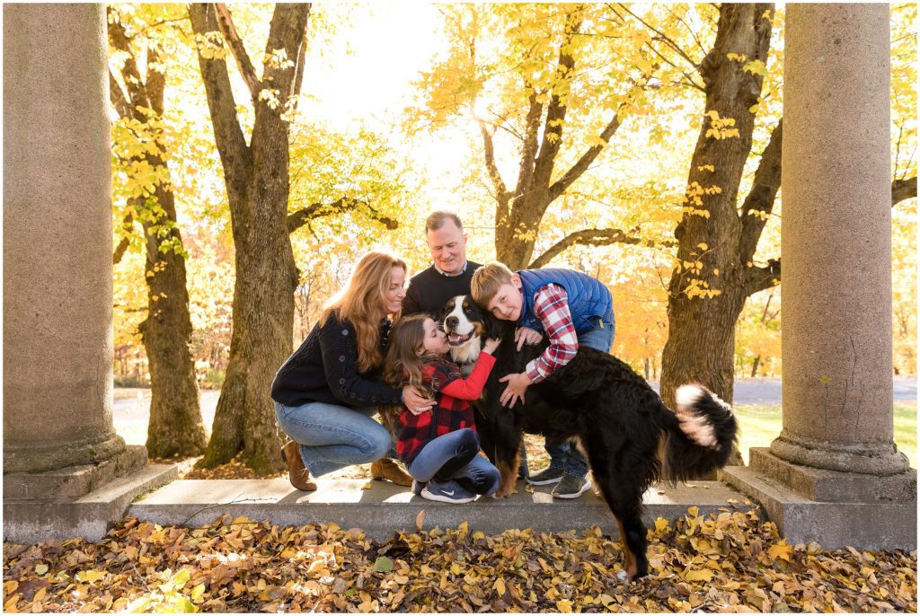 Puppy and family at Larz Anderson Park in Brookline for fall family photos