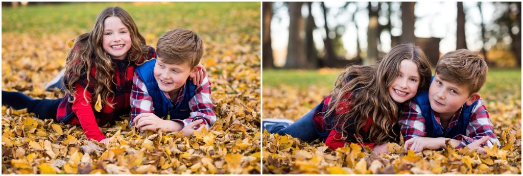 Siblings in leaves during autumn photo session