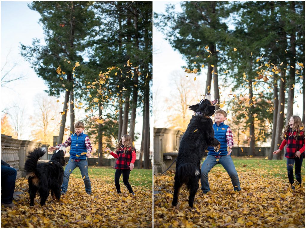 Playing with puppy in leaves during family photoshoot