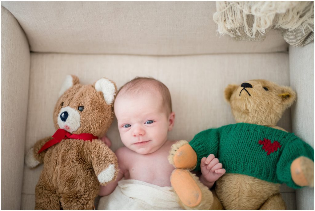 Awake newborn next to stuffed animals