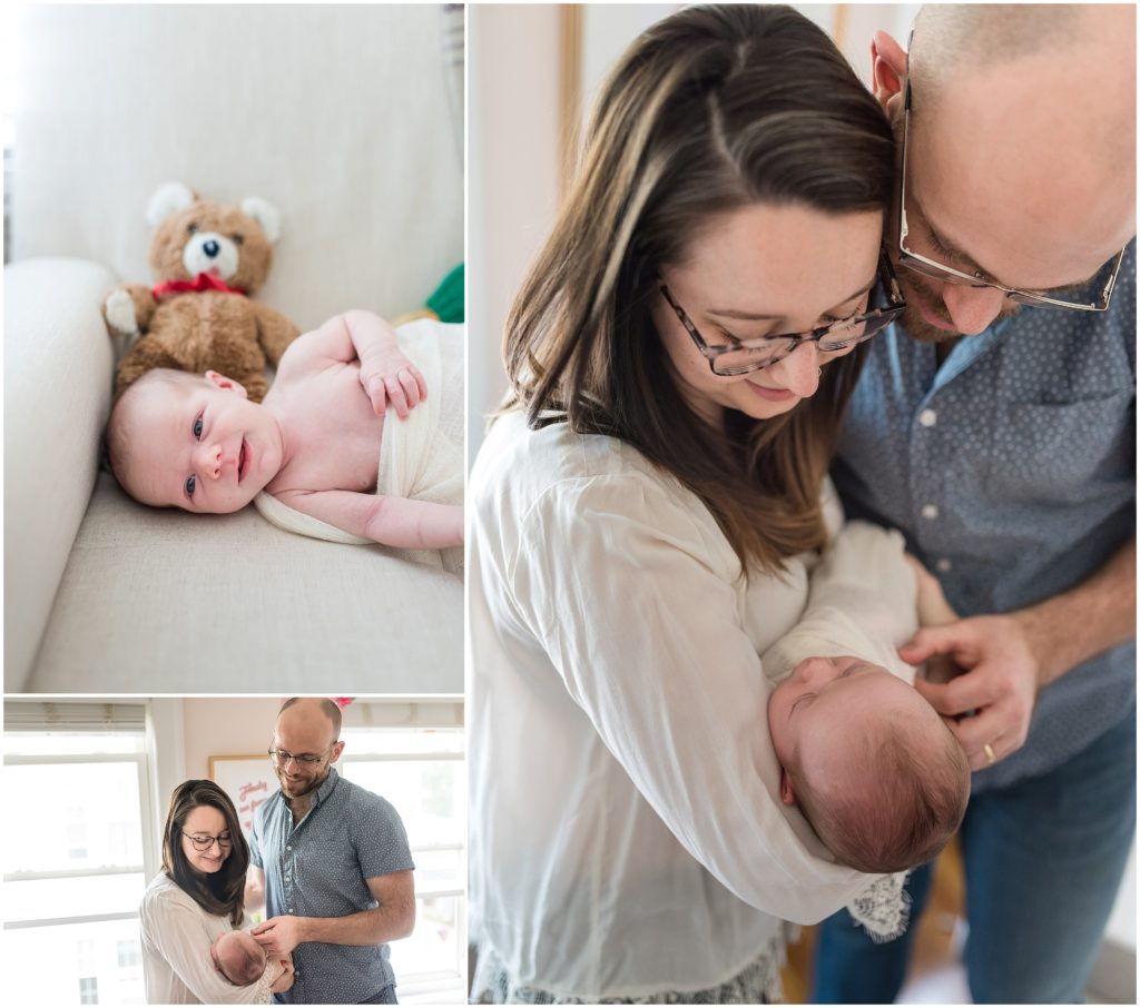 Newborn baby in parents' arms in Newton home session