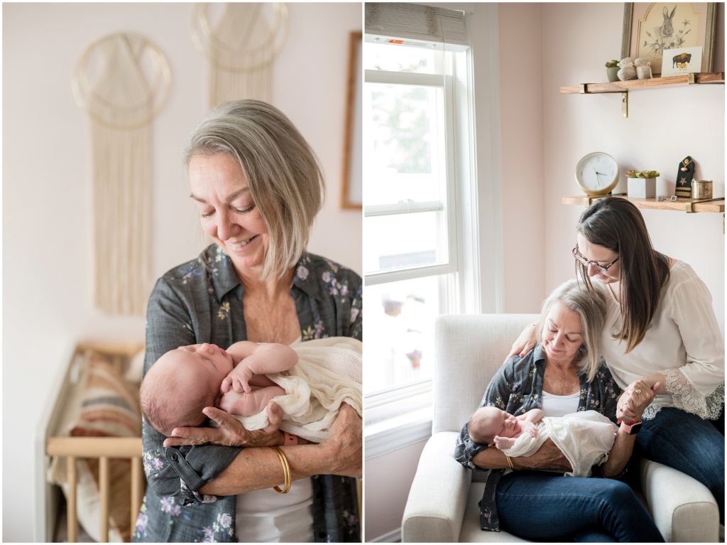 Grandmother holding grandchild and daughter