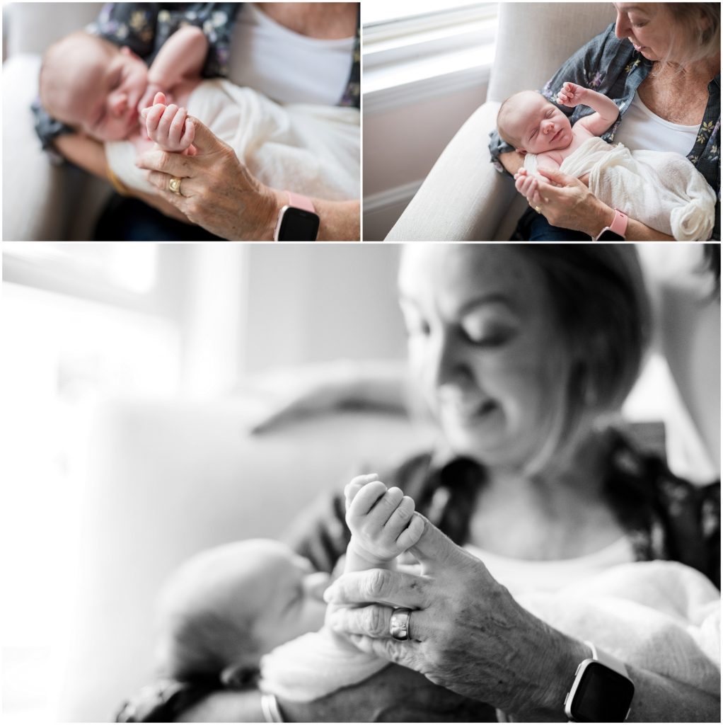 Grandmother holding grandchild and daughter