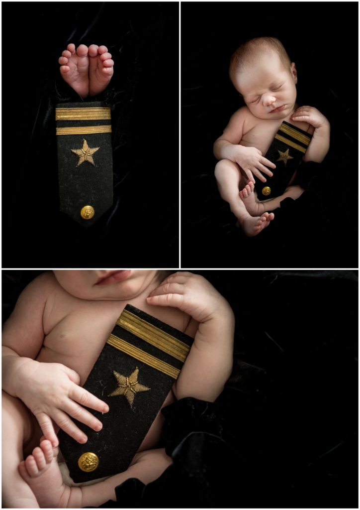 Newborn detail photos with grandfather's war medallions