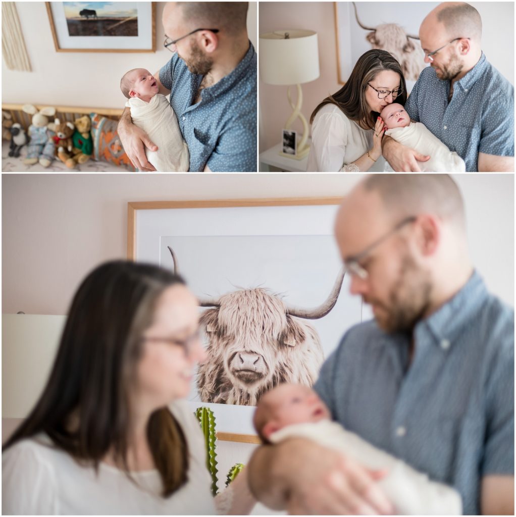 Parents holding baby girl in home in Newton newborn lifestyle session 