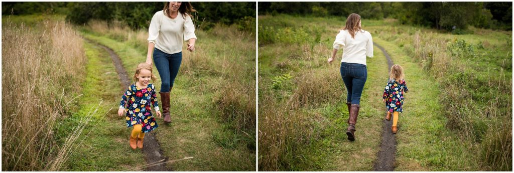 mother and daughter run in Belmont field