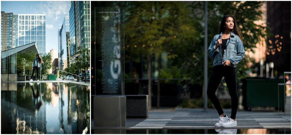 Dancer in front of skyscrapers in Boston Seaport District