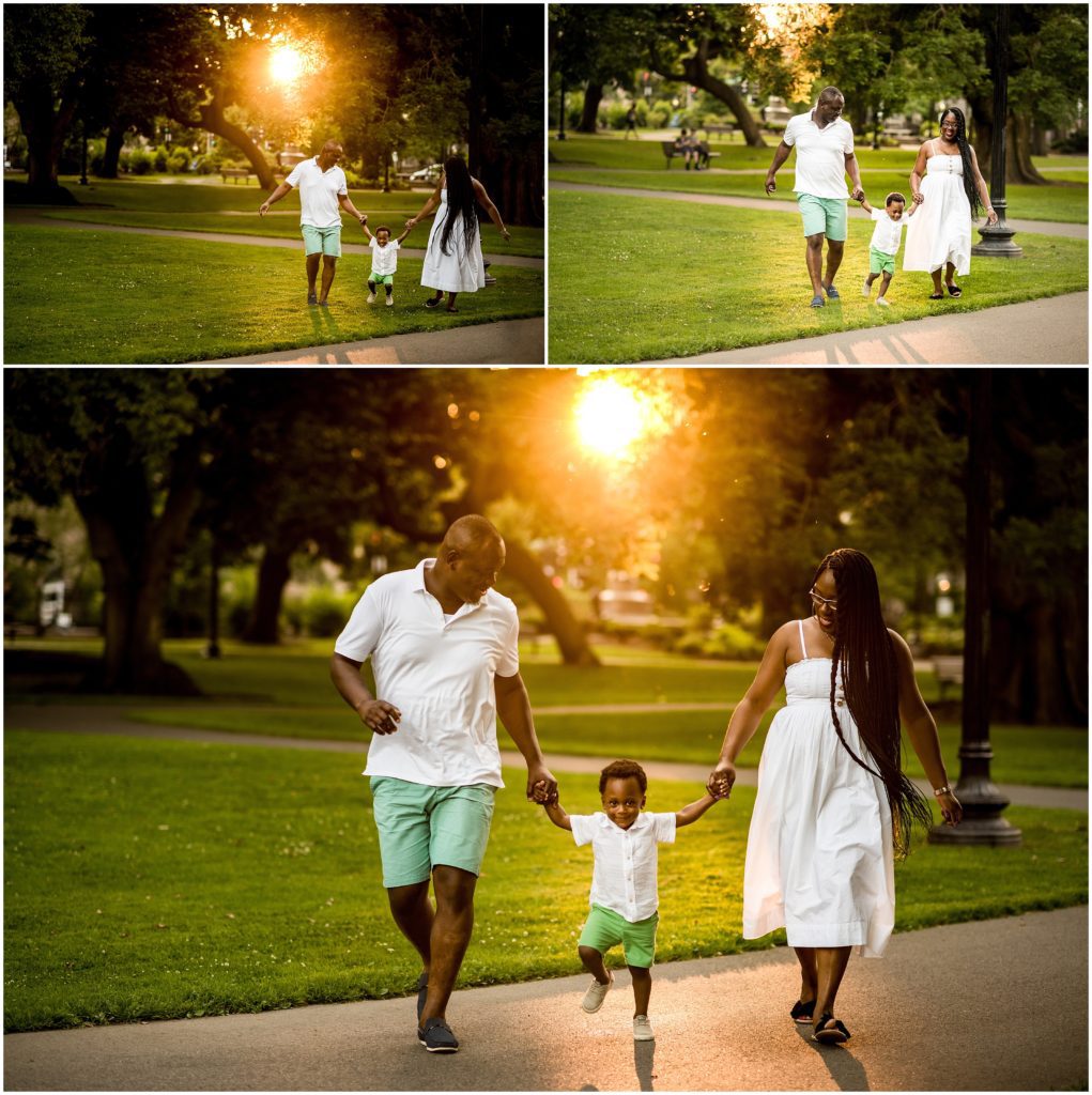 Sunset and dad, mom and child at Boston Public Gardens