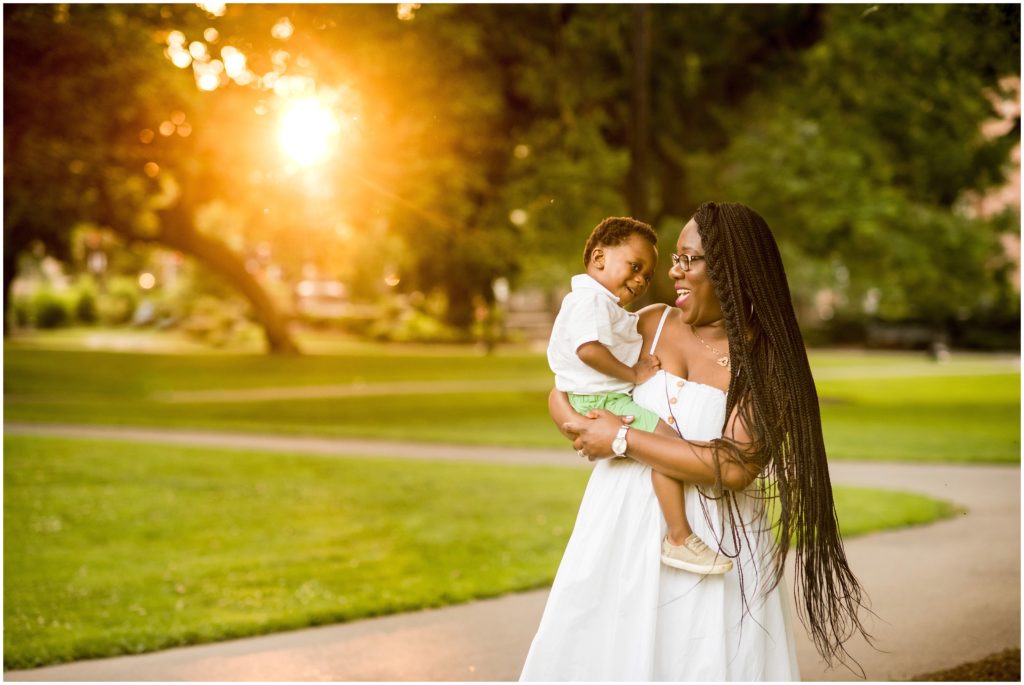 Sunset and mom and child at Boston Public Gardens Boston Child photographer