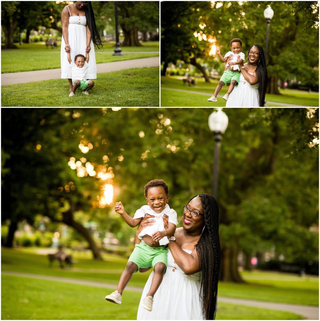 mom and son in boston public gardens Boston Child photographer