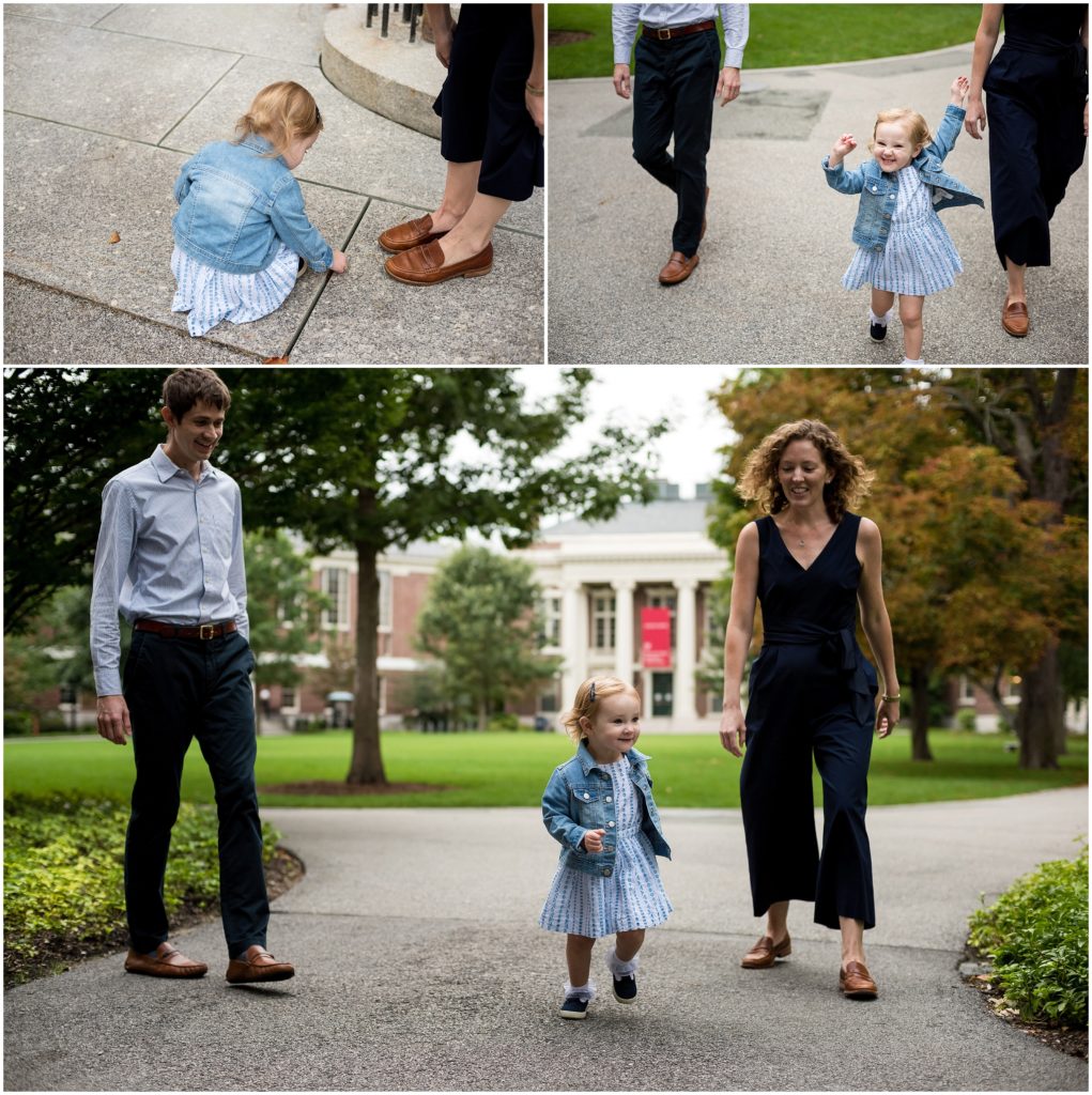 parents with child in Harvard Yard Harvard family photography