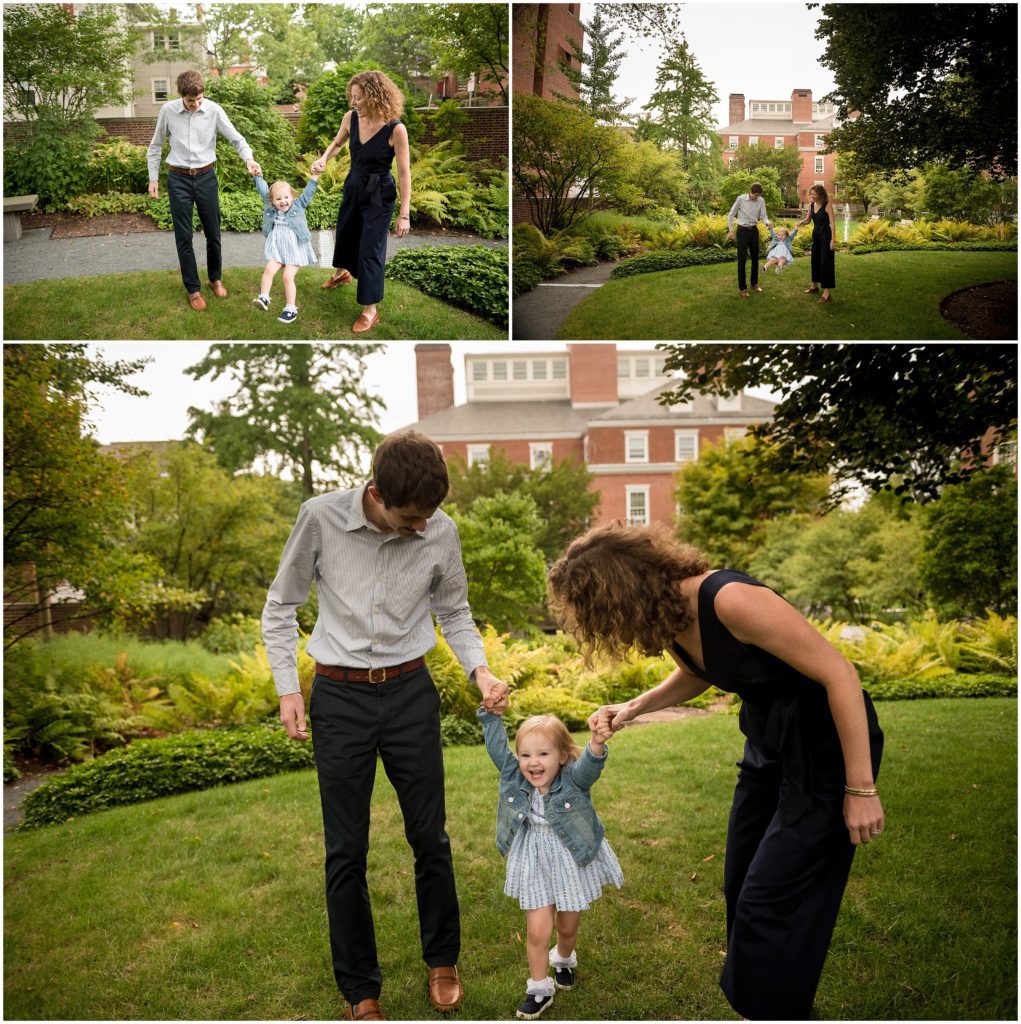 harvard family photography session parents swinging child