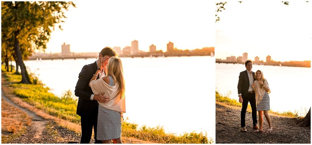 Sunset couple photo during surprise proposal in Boston