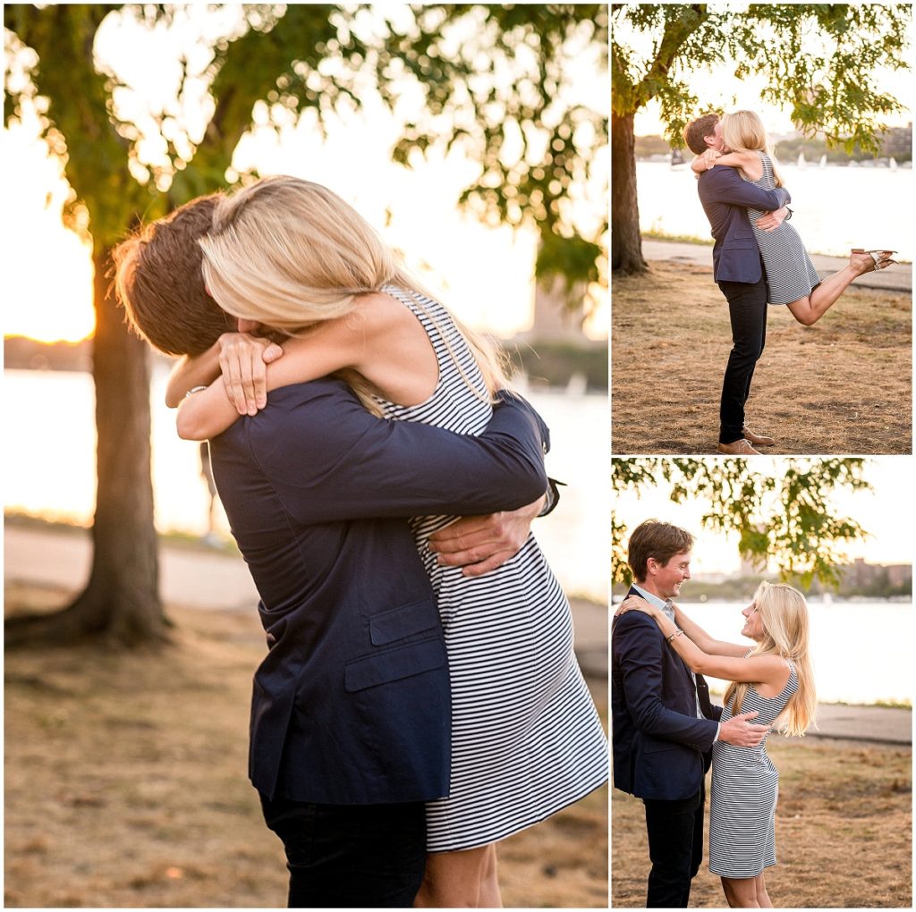 Couple hugging after surprise proposal.
