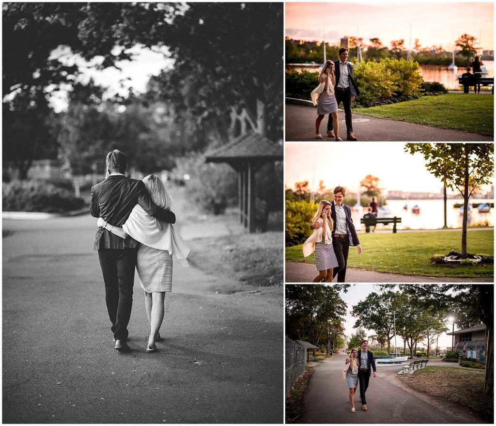 Couple walking along esplanade on Charles River