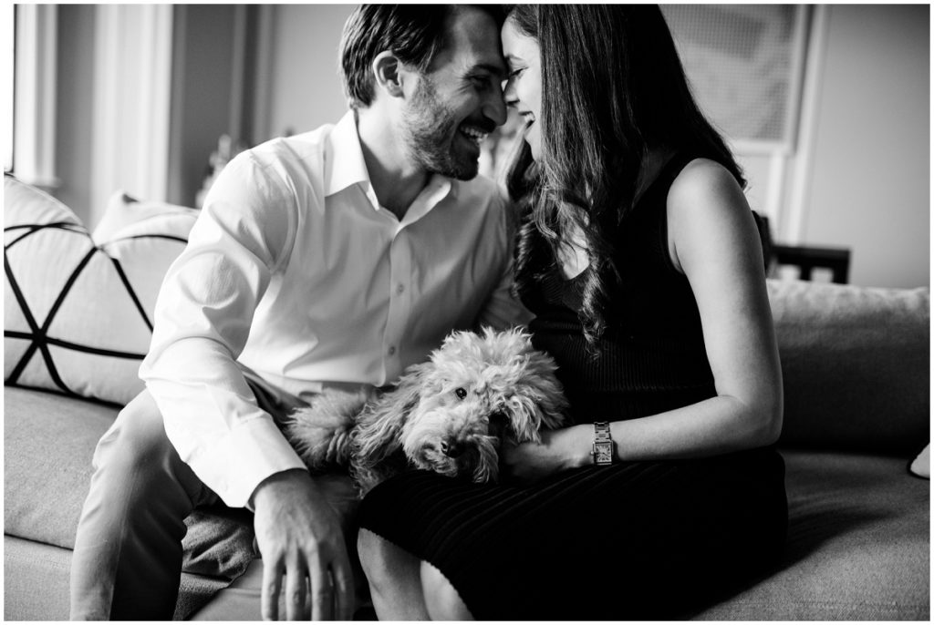 puppy is the focus of this maternity session at home