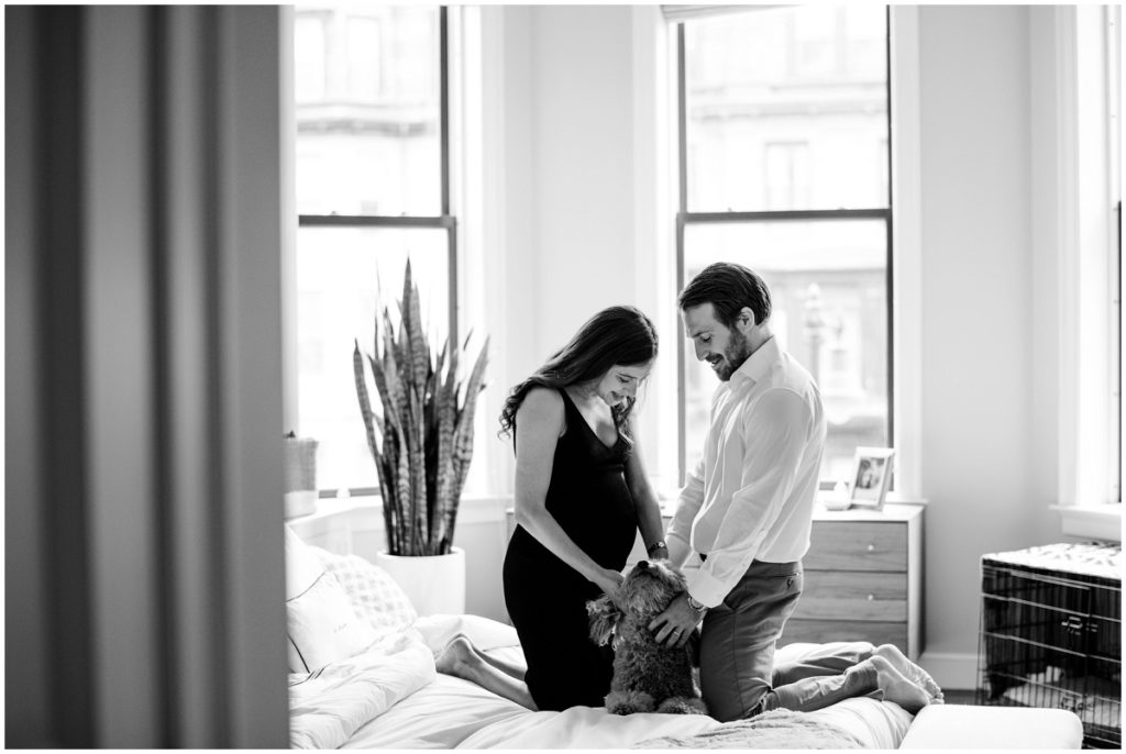 black and white image of couple on bed with puppy Maternity photographer Boston