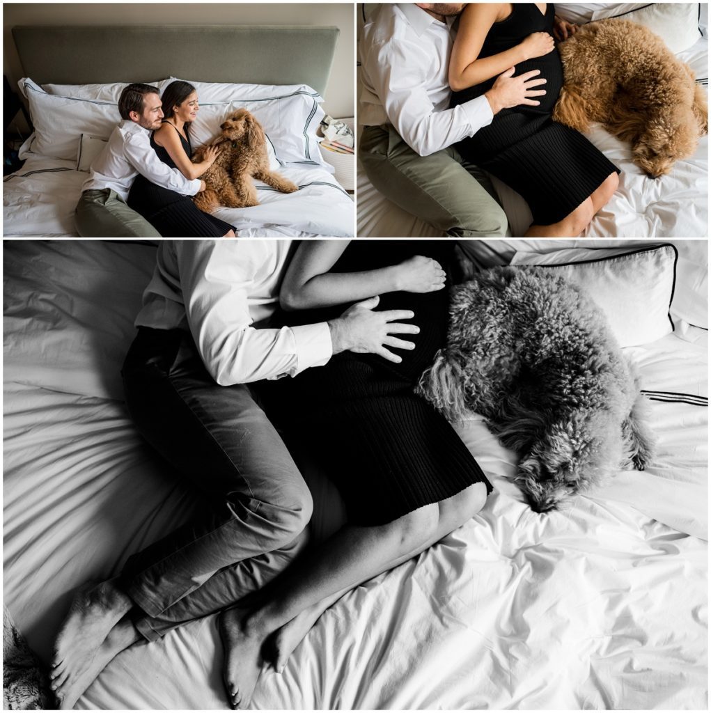 black and white image of couple on bed with puppy Maternity photographer Boston