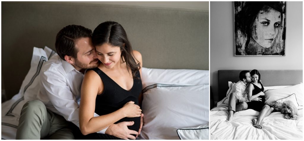 couple embracing during maternity session in Boston