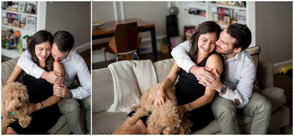 puppy is the focus of this maternity session at home
