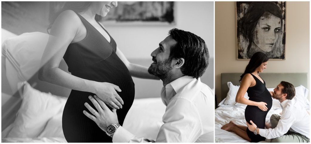 dramatic painting in the background of a maternity photoshoot at home in Boston