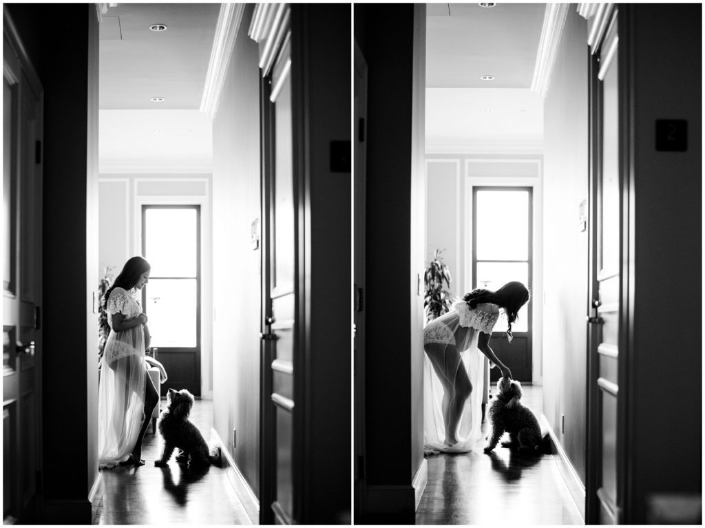 black and white maternity image with dog