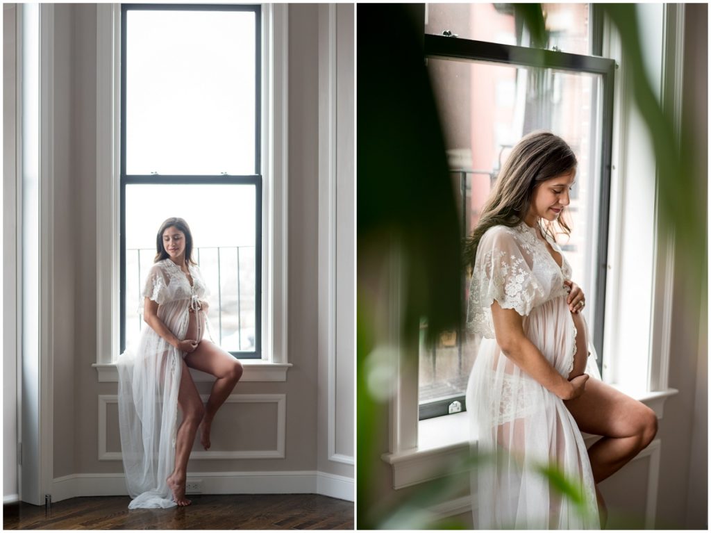 maternity session in Boston. Mother sitting in window sill