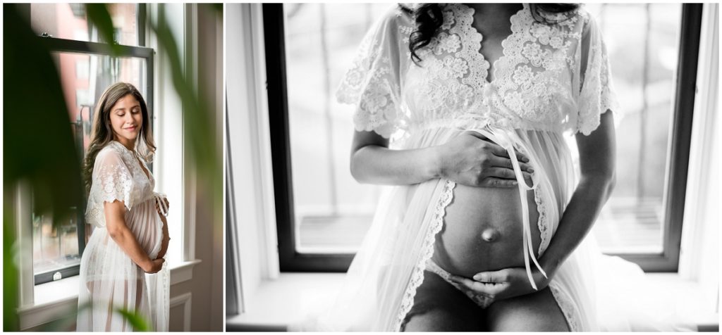 maternity session in Boston. Mother sitting in window sill closeup black and white photo of belly