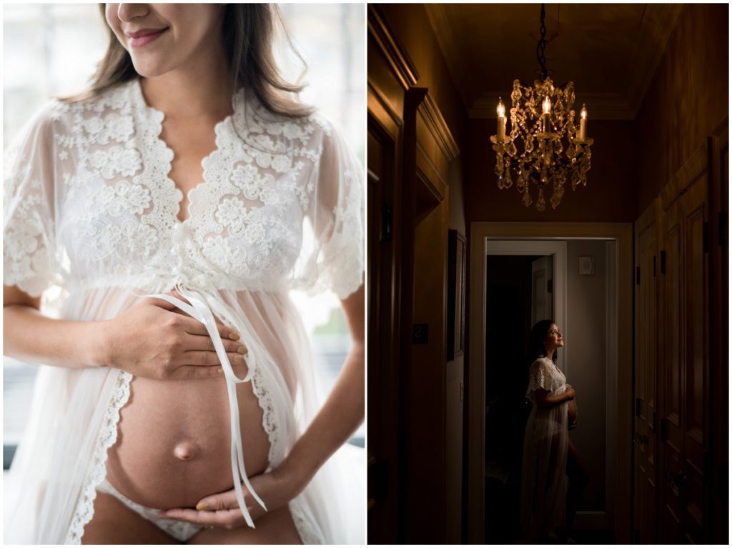 maternity belly photo in lingerie for boudoir