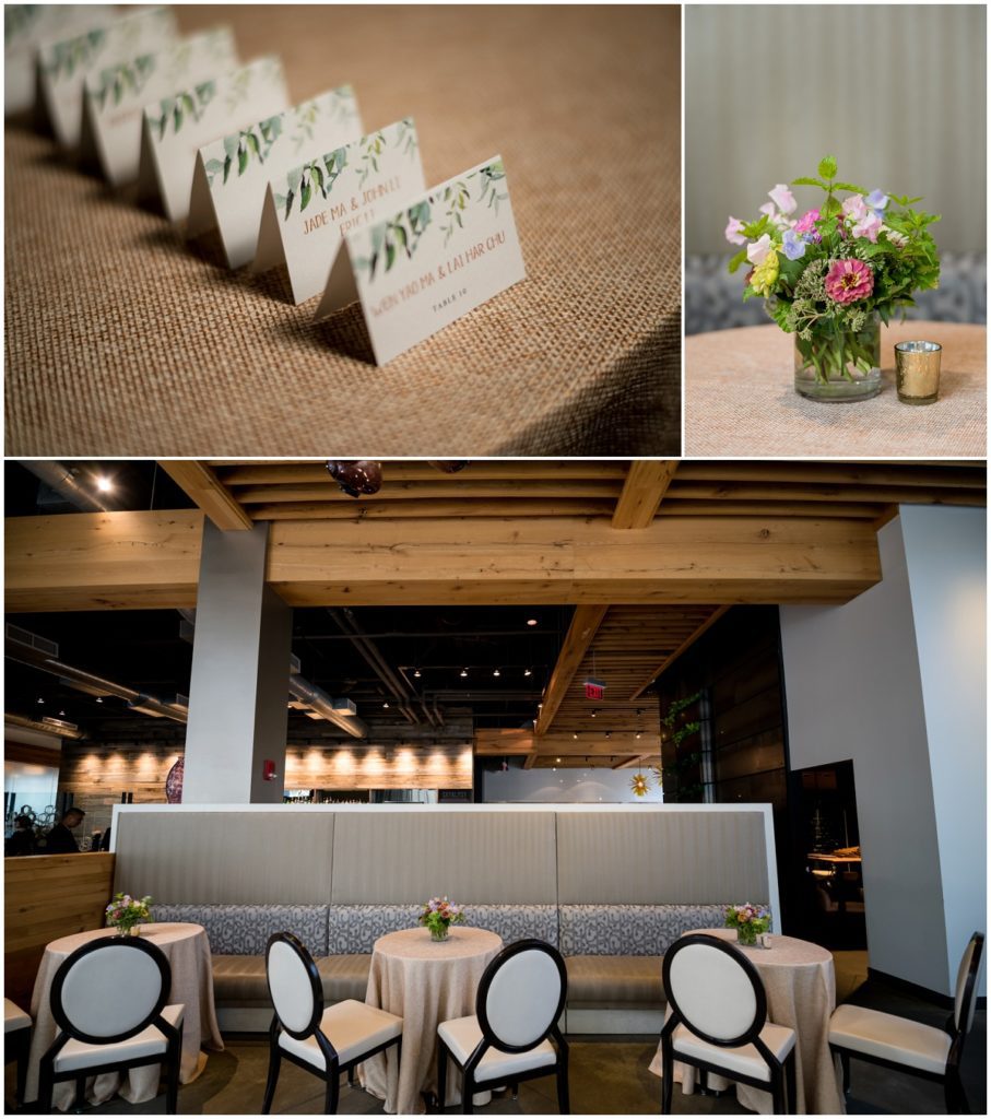 Wedding decor inside modern restaurant in boston area