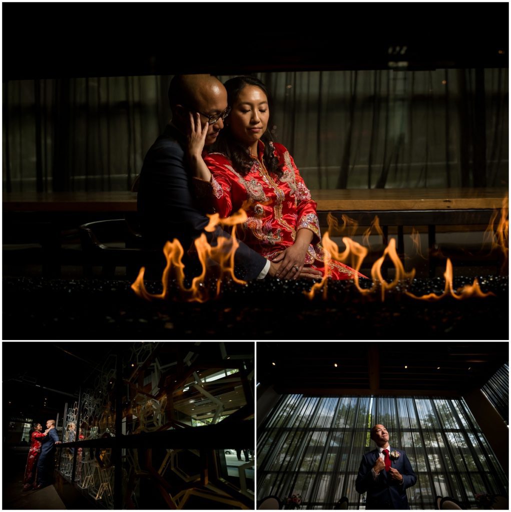 two way fireplace wedding portrait in Catalyst restaurant cambridge