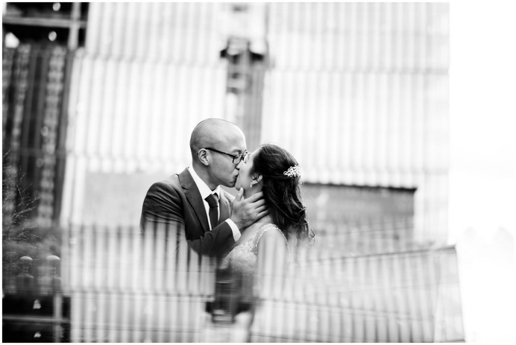 black and white portrait of wedding couple cambridge rooftop garden