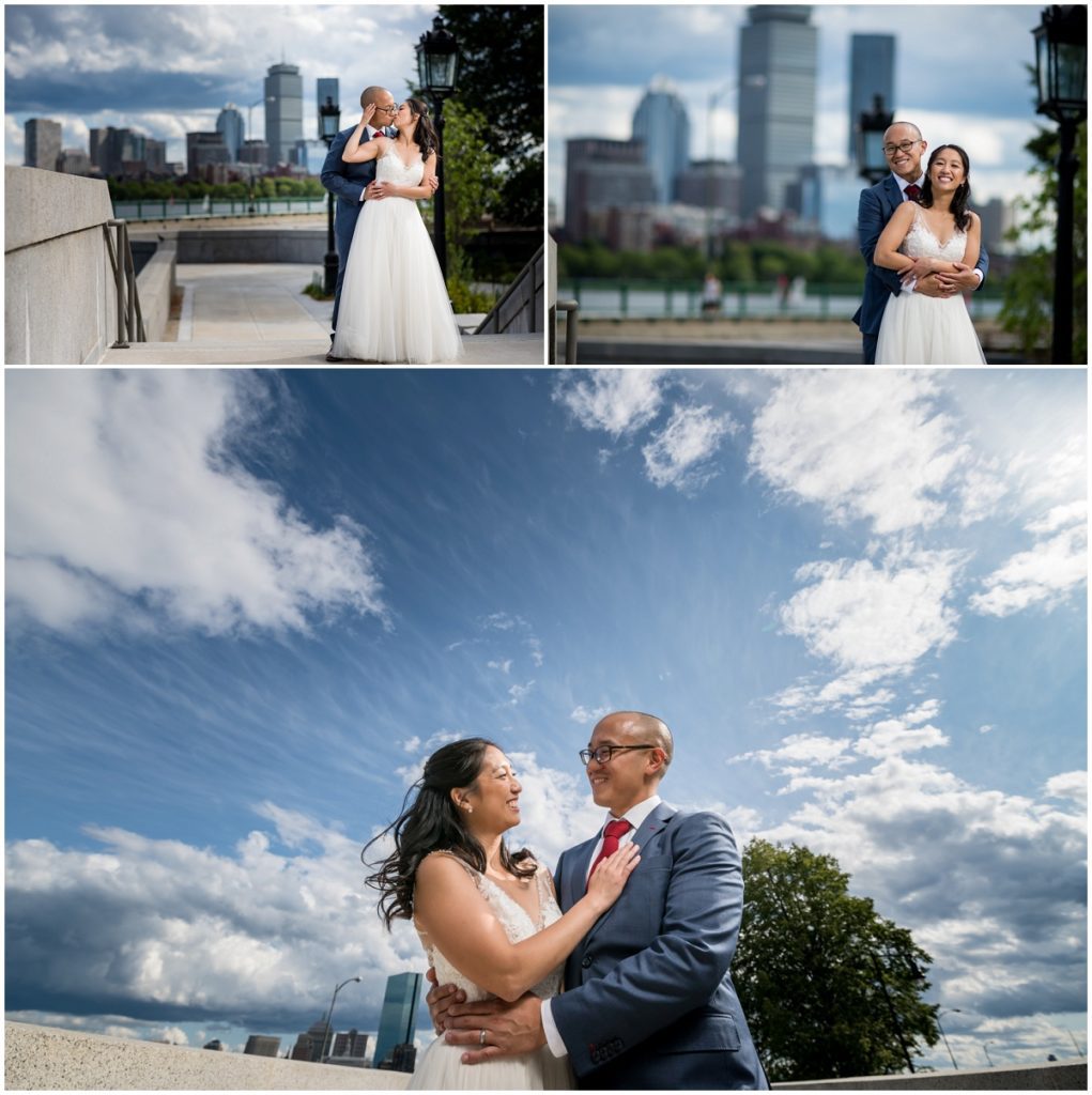 Boston skyline wedding photos bride and groom