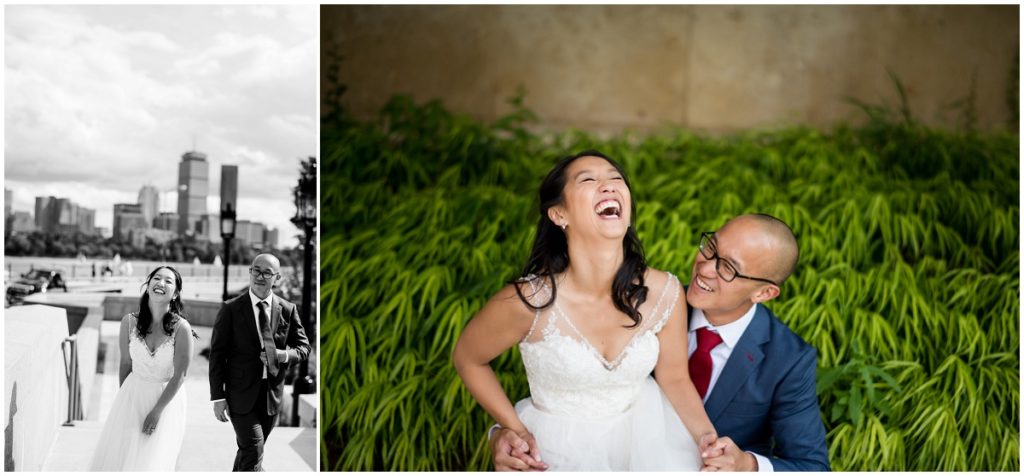 black and white Boston skyline photo with bride and groom