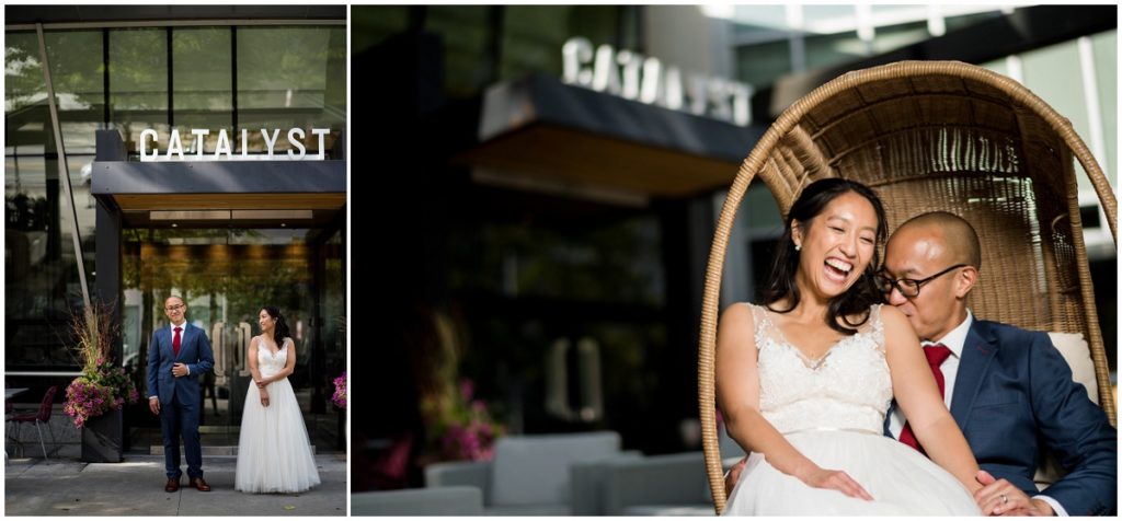 Bride and Groom outside Catalyst restaurant Cambridge