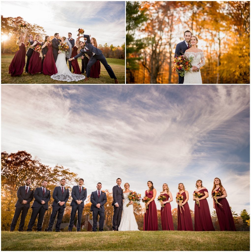 bride and groom with wedding party in autumn wedding in NH