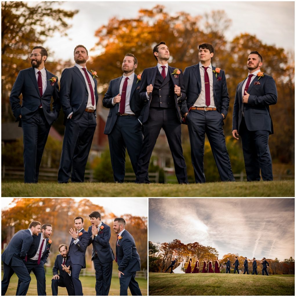 Groom with groomsmen with superhero poses