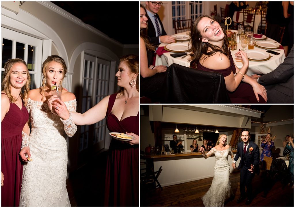 cocktail hour during wedding in rustic barn NH