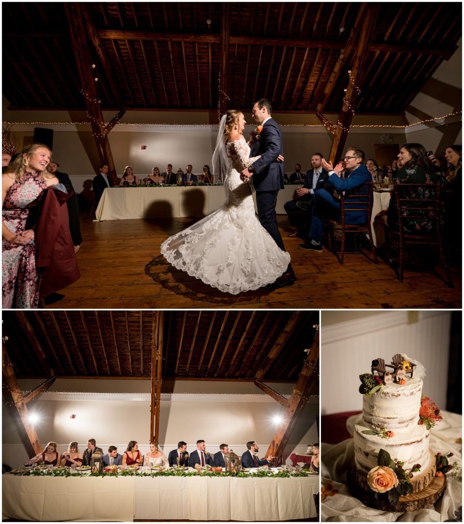 First dance during barn reception in wedding in NH