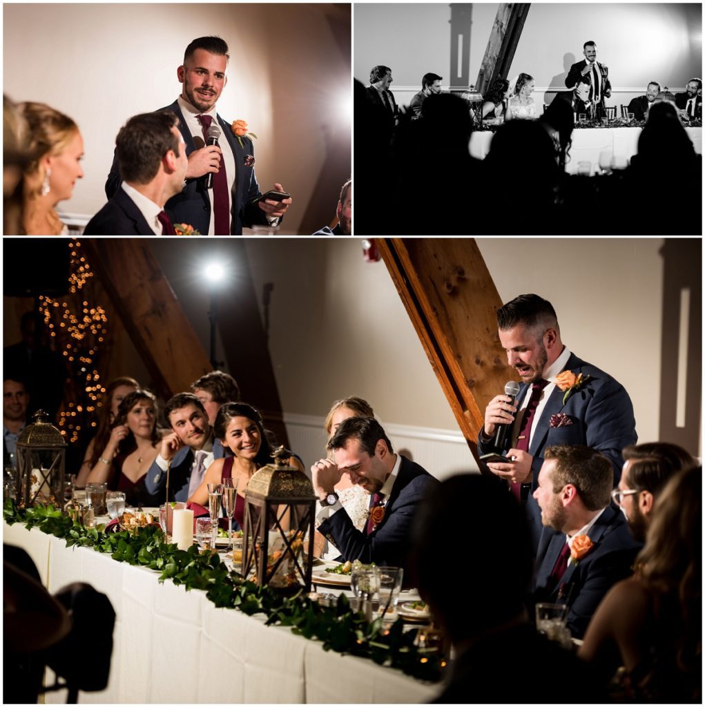 Best man speech during reception in Barn Wedding in NH