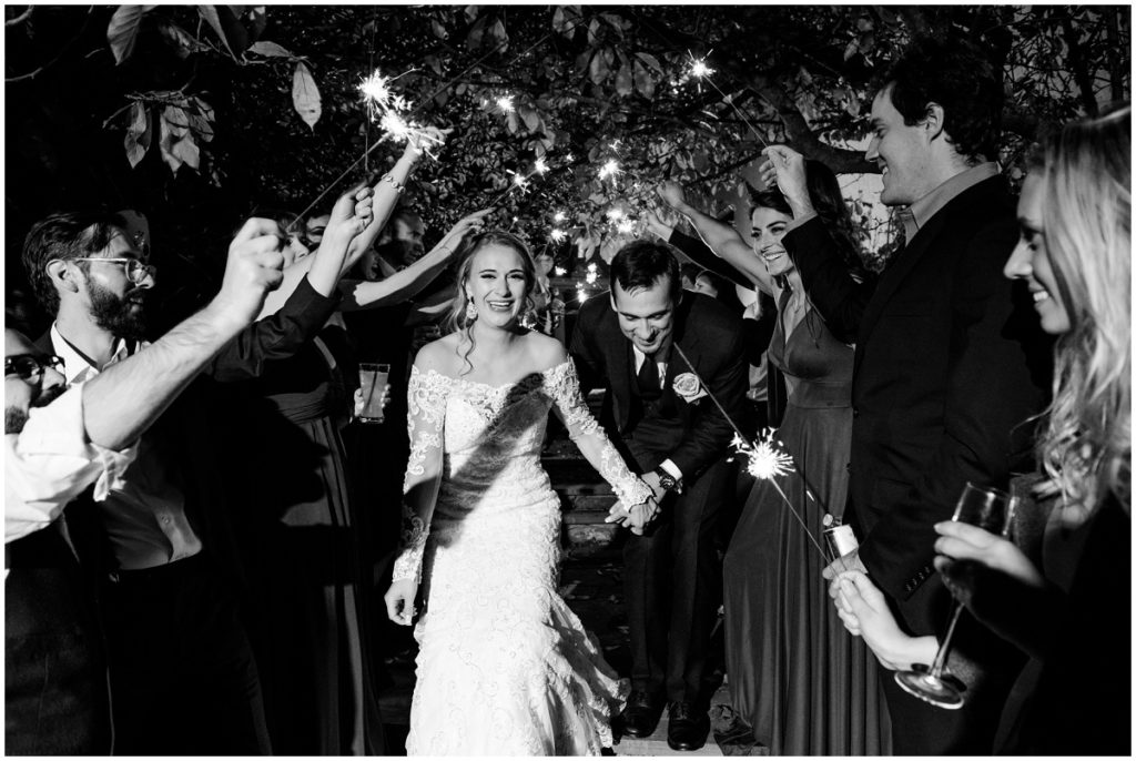 Black and white sparkler exit after wedding reception in barn wedding in NH