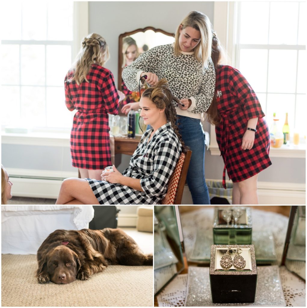 Bride getting ready in the bridal suite with her bridesmaids and makeup artist