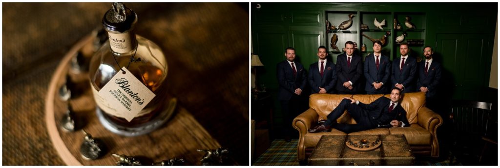 Groom and his groomsmen and Blanton’s Bourbon display