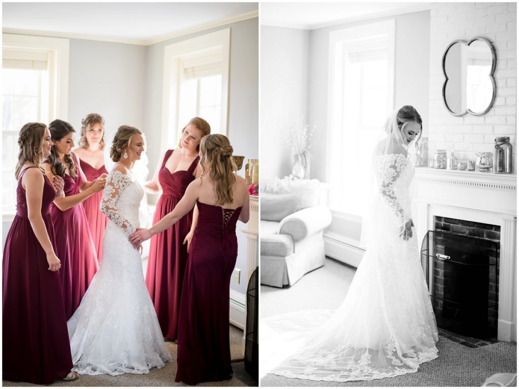 Bride and her bridesmaids during prep getting ready